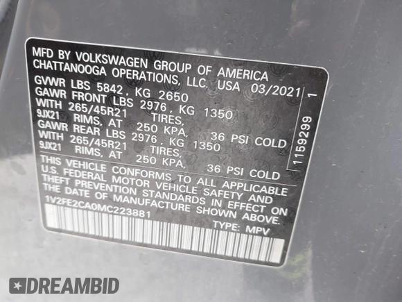 2021 Volkswagen Atlas SEL Premium R-Line с VIN 1V2FE2CA0MC223881, выставлен на аукционе IAAI как лот 42257435 с пробегом 81 674 миль миль и . История ставок и продаж доступна на DreamBid. Изображение 9.