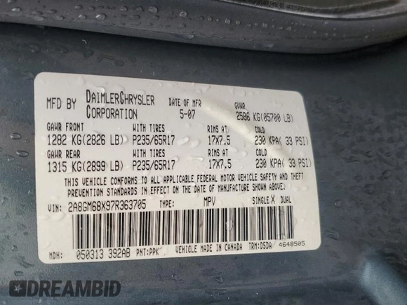 2007 Chrysler Pacifica Touring с VIN 2A8GM68X97R363705, выставлен на аукционе Copart как лот 58734455 с пробегом 46 275 миль миль и Чистый • Clean title. История ставок и продаж доступна на DreamBid. Изображение 13.