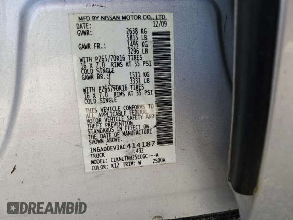 2010 Nissan Frontier LE with VIN 1N6AD0EV3AC414187, listed as a Copart auction lot 65335065 with 185,773 mi miles and Clean title. Bid and sale history available at DreamBid. Image 12.