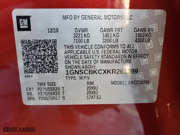 2019 Chevrolet Tahoe LT with VIN 1GNSCBKCXKR261399, listed as a Copart auction lot 46799495 with 74,193 mi miles and Salvage Title. Bid and sale history available at carsss.com. Image 15.