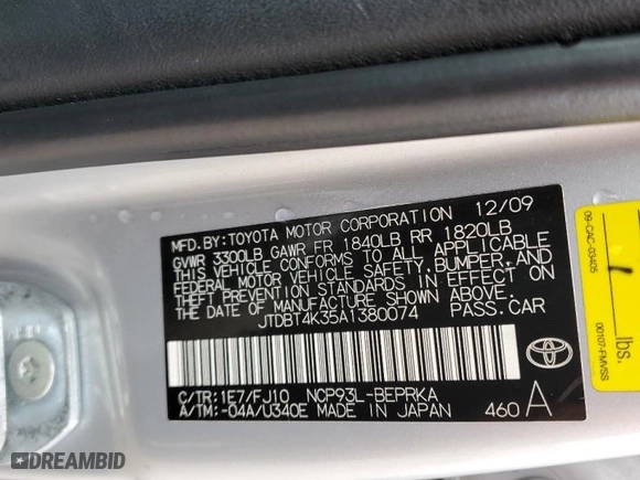2010 Toyota Yaris with VIN JTDBT4K35A1380074, listed as a Copart auction lot 51746175 with 0 mi miles and Clean Title. Bid and sale history available at carsss.com. Image 12.