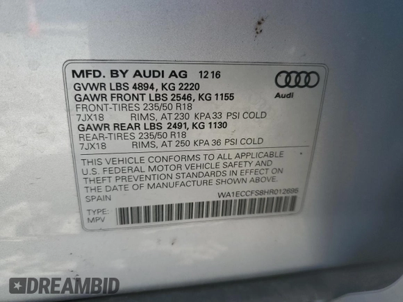 2017 Audi Q3 Premium z VIN WA1ECCFS8HR012695, wystawiony jako Copart lot #56799415 z przebiegiem 182 515 mil mil oraz Czysty tytuł • Clean title. Historia ofert i sprzedaży dostępna na DreamBid. Obrazek 13.