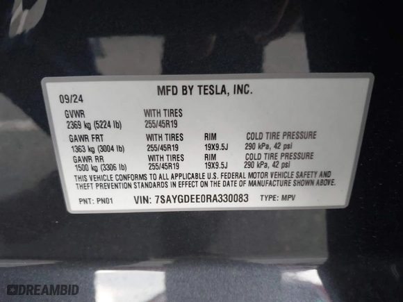 2024 Tesla Model Y Long Range with VIN 7SAYGDEE0RA330083, listed as a IAAI auction lot 41245099 with NaN miles. Bid and sale history available at carsss.com. Image 9.
