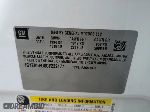 2012 Chevrolet Malibu 1FL with VIN 1G1ZA5EU8CF222177, listed as a Copart auction lot 48044924 with 128,034 mi miles and Salvage Title. Bid and sale history available at DreamBid. Image 12.