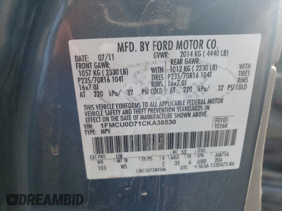 2012 Ford Escape XLT z VIN 1FMCU0D71CKA38530, wystawiony jako Copart lot #54211035 z przebiegiem 136 193 mil mil oraz Szkoda całkowita • Salvage title. Historia ofert i sprzedaży dostępna na DreamBid. Obrazek 13.