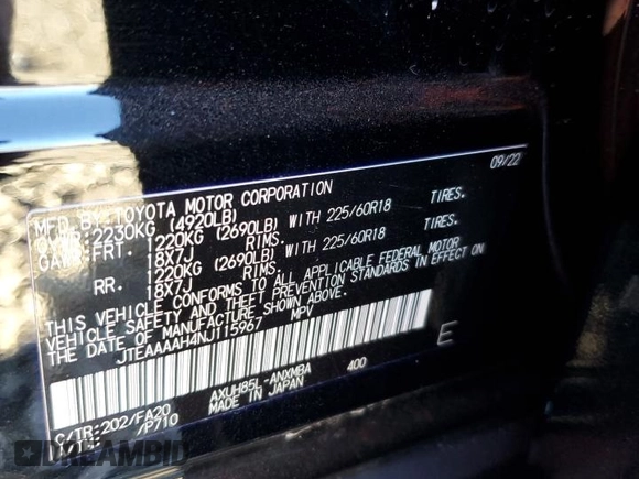 2022 Toyota Venza LE with VIN JTEAAAAH4NJ115967, listed as a Copart auction lot 68338934 with 23,511 mi miles and Salvage Title. Bid and sale history available at carsss.com. Image 13.