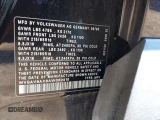 2010 Volkswagen Tiguan with VIN WVGAV9AX6AW000410, listed as a IAAI auction lot 41446852 with 118,728 mi miles and . Bid and sale history available at DreamBid. Image 9.