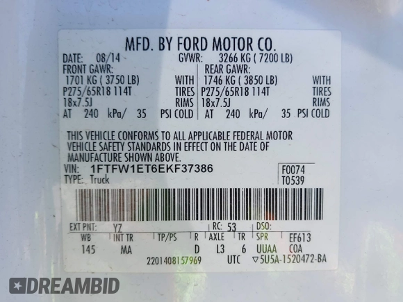 2014 Ford F-150 XL with VIN 1FTFW1ET6EKF37386, listed as a IAAI auction lot 42026773 with 137,759 mi miles and . Bid and sale history available at DreamBid. Image 9.