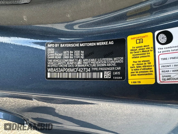 2021 BMW 4 Series 430i with VIN WBA53AP06MCF42734, listed as a Copart auction lot 55819075 with 121,670 mi miles and Clean Title. Bid and sale history available at DreamBid. Image 10.