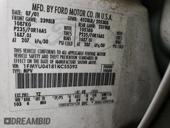 2001 Ford Escape XLT with VIN 1FMYU04181KC55393, listed as a Copart auction lot 76321074 with 223,327 mi miles and Salvage Title. Bid and sale history available at carsss.com. Image 15.