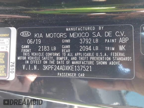 2019 Kia Forte LXS with VIN 3KPF24ADXKE137521, listed as a IAAI auction lot 41820693 with 54,987 mi miles and . Bid and sale history available at carsss.com. Image 9.