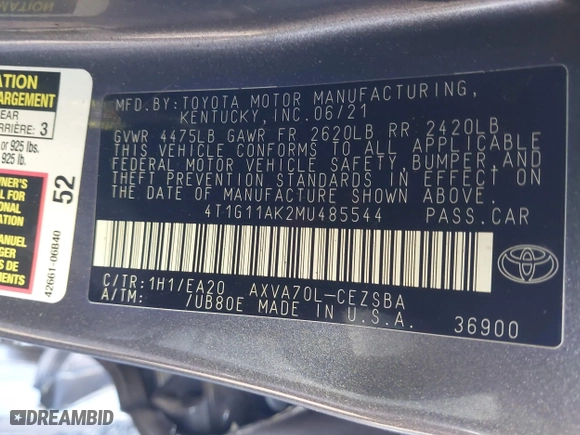 2021 Toyota Camry SE Nightshade with VIN 4T1G11AK2MU485544, listed as a IAAI auction lot 41000022 with 57,374 mi miles. Bid and sale history available at carsss.com. Image 9.