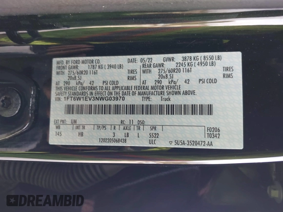 2022 Ford F-150 Lightning Pro z VIN 1FT6W1EV3NWG03970, wystawiony jako IAAI lot #41801986 z przebiegiem 29 815 mil mil oraz . Historia ofert i sprzedaży dostępna na DreamBid. Obrazek 9.