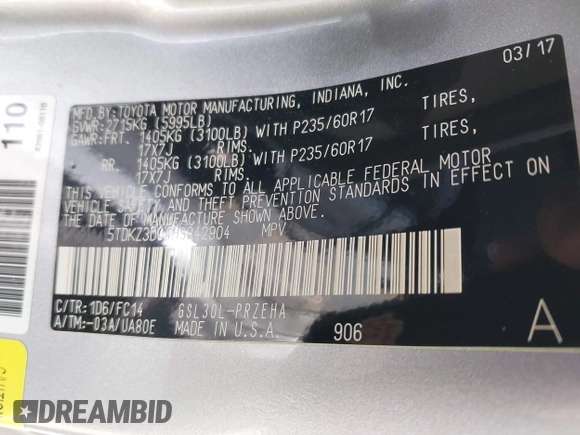 2017 Toyota Sienna LE Auto Access Seat with VIN 5TDKZ3DC4HS842904, listed as a IAAI auction lot 41946642 with 81,012 mi miles. Bid and sale history available at carsss.com. Image 9.