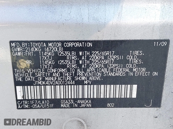 2010 Toyota RAV4 Ltd with VIN JTMDK4DV2AD012444, listed as a IAAI auction lot 41887614 with 151,224 mi miles. Bid and sale history available at carsss.com. Image 9.