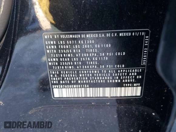 2019 Volkswagen Tiguan SE with VIN 3VV2B7AX6KM091154, listed as a Copart auction lot 86488074 with 63,605 mi miles and Salvage Title. Bid and sale history available at DreamBid. Image 13.