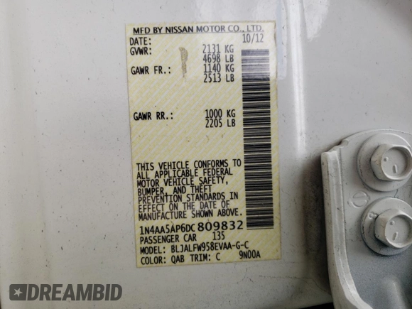 2013 Nissan Maxima S with VIN 1N4AA5AP6DC809832, listed as a Copart auction lot 46954305 with 175,920 mi miles and Salvage Title. Bid and sale history available at DreamBid. Image 13.