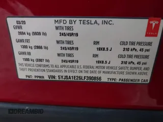 2020 Tesla Model S Long Range with VIN 5YJSA1E26LF390856, listed as a IAAI auction lot 41013728 with 54,985 mi miles. Bid and sale history available at carsss.com. Image 9.
