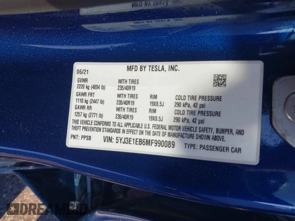 2021 Tesla Model 3 Long Range with VIN 5YJ3E1EB6MF990089, listed as a IAAI auction lot 41607316 with 25,223 mi miles and . Bid and sale history available at DreamBid. Image 9.