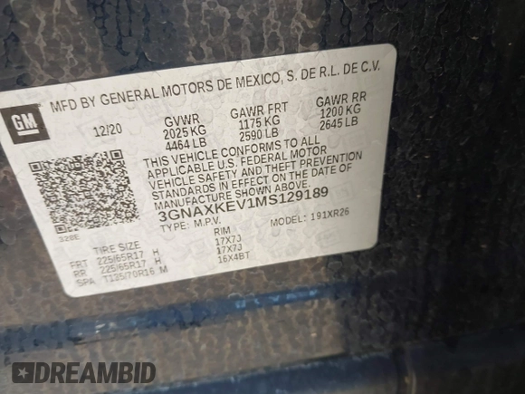 2021 Chevrolet Equinox LT with VIN 3GNAXKEV1MS129189, listed as a IAAI auction lot 41669852 with 60,130 mi miles. Bid and sale history available at carsss.com. Image 9.