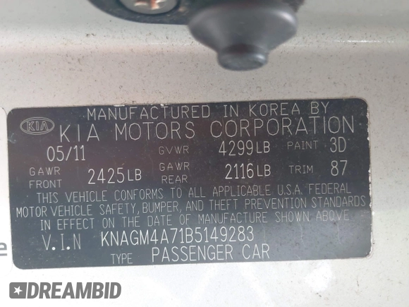 2011 Kia Optima LX with VIN KNAGM4A71B5149283, listed as a IAAI auction lot 42034379 with Not Provided miles and . Bid and sale history available at DreamBid. Image 9.