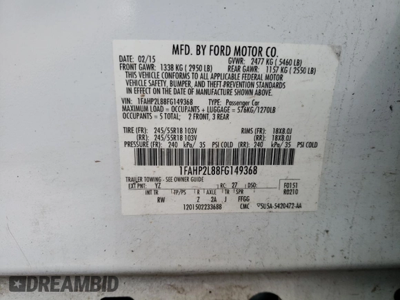 2015 Ford Police Interceptor with VIN 1FAHP2L88FG149368, listed as a Copart auction lot 58314574 with 155,383 mi miles and Salvage title. Bid and sale history available at DreamBid. Image 12.