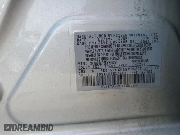 2019 Nissan Sentra S with VIN 3N1AB7AP2KY306261, listed as a Copart auction lot 63500215 with 147,589 mi miles and Clean title. Bid and sale history available at DreamBid. Image 12.