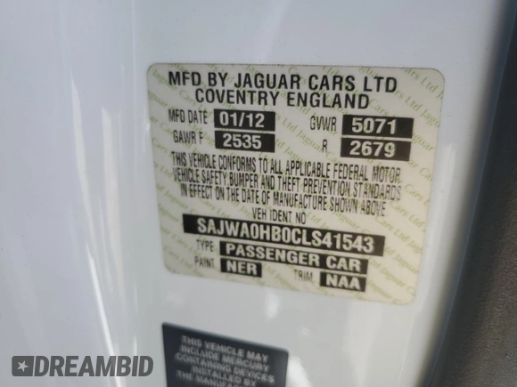 2012 Jaguar XF Portfolio with VIN SAJWA0HB0CLS41543, listed as a Copart auction lot 55162485 with 112,320 mi miles and Clean Title. Bid and sale history available at carsss.com. Image 12.
