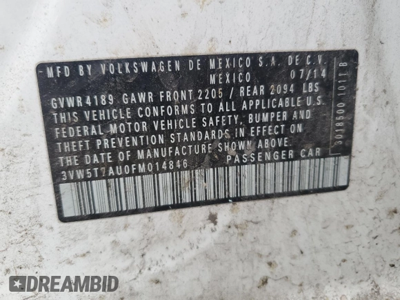 2015 Volkswagen Golf GTI SE with VIN 3VW5T7AU0FM014846, listed as a Copart auction lot 41404315 with 0 mi miles and Salvage Title. Bid and sale history available at carsss.com. Image 12.