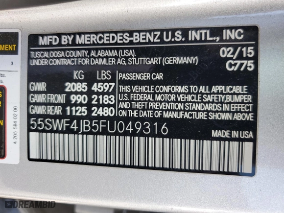 2015 Mercedes-Benz C-Class C 300 with VIN 55SWF4JB5FU049316, listed as a Copart auction lot 52254135 with 61,545 mi miles and Clean Title. Bid and sale history available at carsss.com. Image 12.