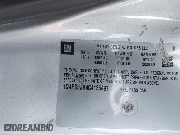 2012 Buick Verano Leather Group with VIN 1G4PS5SK4C4125497, listed as a IAAI auction lot 41461715 with 113,491 mi miles. Bid and sale history available at carsss.com. Image 9.