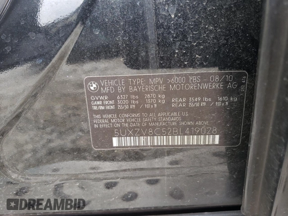 2011 BMW X5 50i with VIN 5UXZV8C52BL419028, listed as a Copart auction lot 59870505 with 126,666 mi miles and Salvage title. Bid and sale history available at DreamBid. Image 13.