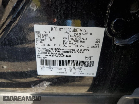 2020 Ford Explorer Platinum with VIN 1FM5K8HC2LGA14647, listed as a Copart auction lot 43446895 with 0 mi miles and Salvage Title. Bid and sale history available at carsss.com. Image 13.