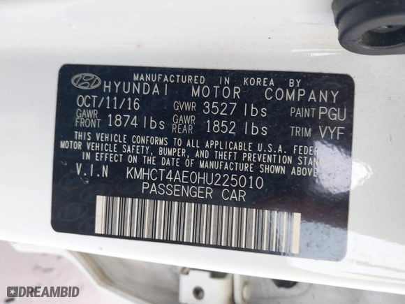 2017 Hyundai Accent SE with VIN KMHCT4AE0HU225010, listed as a IAAI auction lot 41563585 with 77,949 mi miles. Bid and sale history available at carsss.com. Image 9.