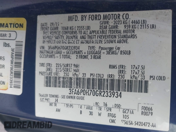 2016 Ford Fusion SE with VIN 3FA6P0H70GR233934, listed as a IAAI auction lot 42189095 with 145,051 mi miles. Bid and sale history available at carsss.com. Image 9.