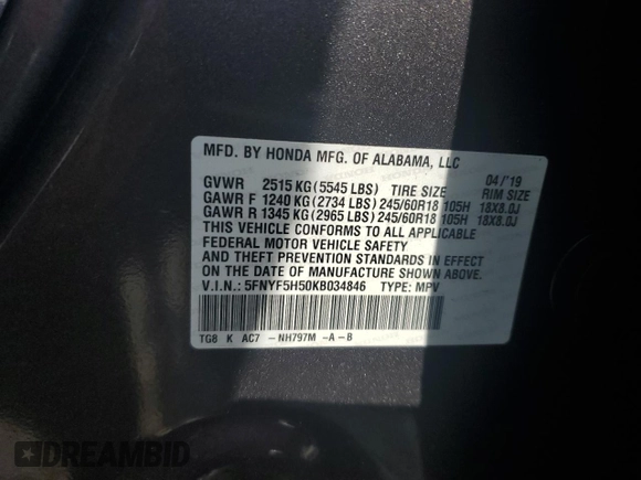 2019 Honda Pilot EX-L with VIN 5FNYF5H50KB034846, listed as a Copart auction lot 63022845 with 56,241 mi miles and Salvage title. Bid and sale history available at DreamBid. Image 13.