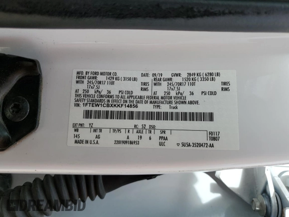 2019 Ford F-150 XL with VIN 1FTEW1CBXKKF14856, listed as a Copart auction lot 71306444 with 100,057 mi miles and Salvage title. Bid and sale history available at DreamBid. Image 12.