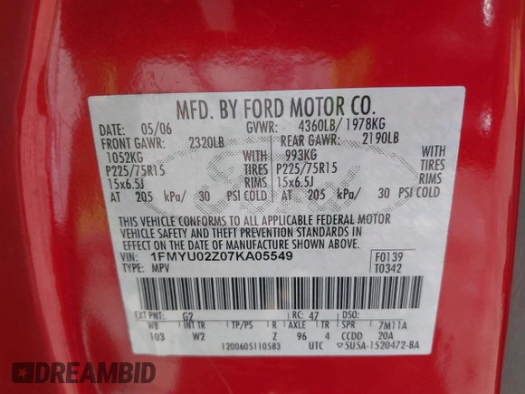 2007 Ford Escape XLS z VIN 1FMYU02Z07KA05549, wystawiony jako IAAI lot #42398878 z przebiegiem 180 243 mil mil oraz . Historia ofert i sprzedaży dostępna na DreamBid. Obrazek 9.