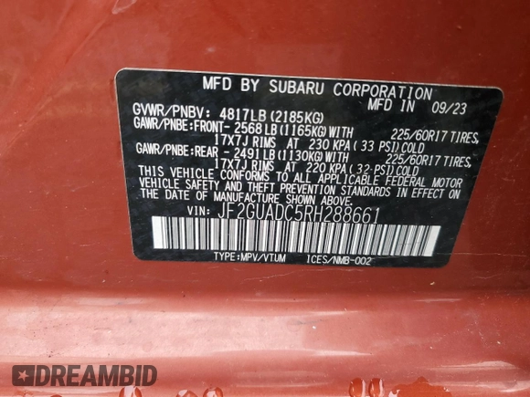 2024 Subaru Crosstrek Premium с VIN JF2GUADC5RH288661, выставлен на аукционе Copart как лот 58638065 с пробегом 29 205 миль миль и Списание • Salvage title. История ставок и продаж доступна на DreamBid. Изображение 13.