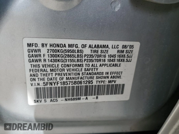 2005 Honda Pilot EX-L with VIN 5FNYF18575B061295, listed as a Copart auction lot 52235135 with 192,222 mi miles and Salvage Title. Bid and sale history available at carsss.com. Image 15.