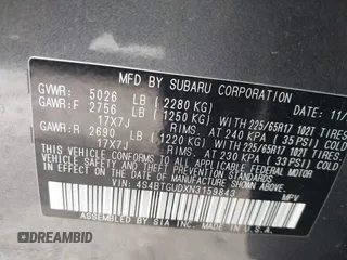2022 Subaru Outback Wilderness с VIN 4S4BTGUDXN3159843, выставлен на аукционе IAAI как лот 42357708 с пробегом 48 746 миль миль и . История ставок и продаж доступна на DreamBid. Изображение 9.