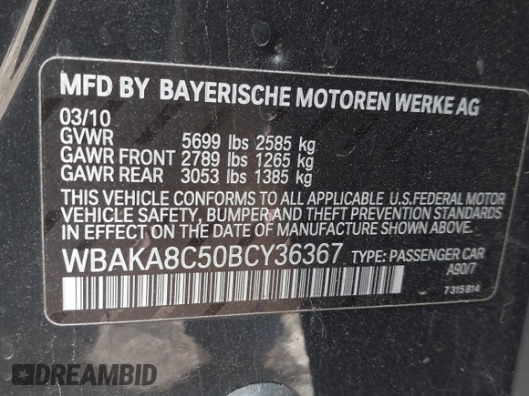 2011 BMW 7 Series 750i with VIN WBAKA8C50BCY36367, listed as a IAAI auction lot 41714313 with 109,707 mi miles. Bid and sale history available at carsss.com. Image 9.