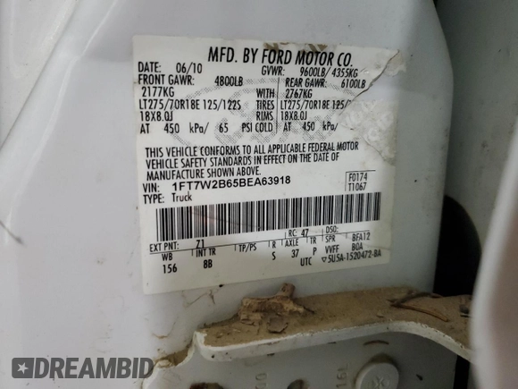 2011 Ford F-250 XL с VIN 1FT7W2B65BEA63918, выставлен на аукционе Copart как лот 61652425 с пробегом Не указан миль и Списание • Salvage title. История ставок и продаж доступна на DreamBid. Изображение 12.