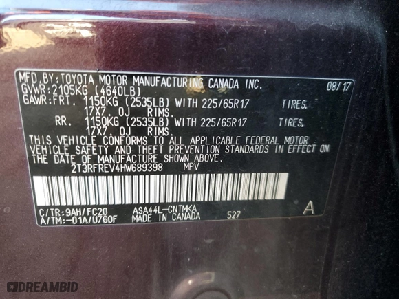 2017 Toyota RAV4 XLE with VIN 2T3RFREV4HW689398, listed as a Copart auction lot 83002754 with 55,107 mi miles and Salvage Title. Bid and sale history available at carsss.com. Image 13.