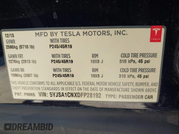 2013 Tesla Model S with VIN 5YJSA1CNXDFP28192, listed as a IAAI auction lot 42227521 with 60,967 mi miles and . Bid and sale history available at DreamBid. Image 9.