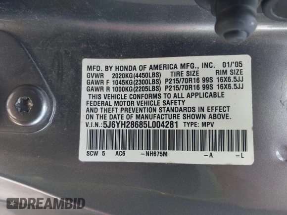 2005 Honda Element EX with VIN 5J6YH28685L004281, listed as a IAAI auction lot 42076926 with 185,254 mi miles and . Bid and sale history available at DreamBid. Image 9.