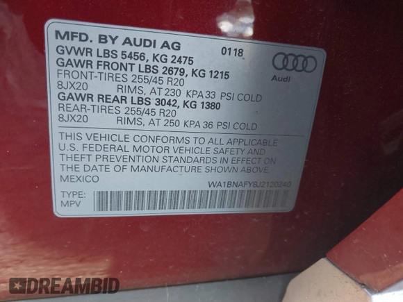 2018 Audi Q5 Premium Plus with VIN WA1BNAFY8J2120240, listed as a IAAI auction lot 41154361 with 77,848 mi miles. Bid and sale history available at carsss.com. Image 9.