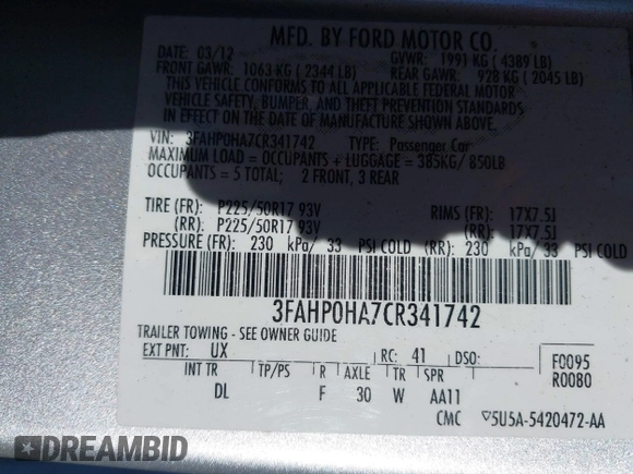 2012 Ford Fusion SE with VIN 3FAHP0HA7CR341742, listed as a IAAI auction lot 41670815 with 211,148 mi miles. Bid and sale history available at carsss.com. Image 9.