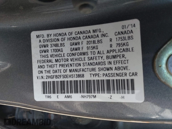 2014 Honda Civic LX with VIN 2HGFB2F50EH513868, listed as a IAAI auction lot 41986283 with 160,391 mi miles and . Bid and sale history available at DreamBid. Image 9.