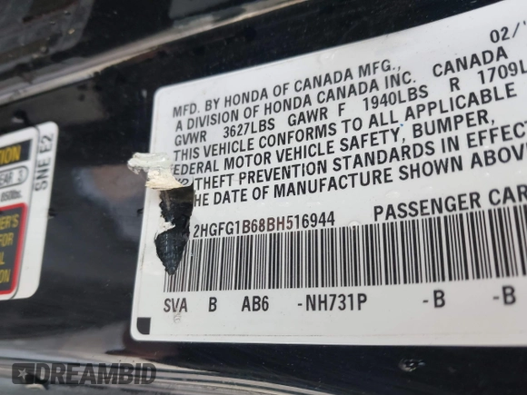 2011 Honda Civic Cpe LX with VIN 2HGFG1B68BH516944, listed as a IAAI auction lot 41562173 with 1 mi miles. Bid and sale history available at carsss.com. Image 9.